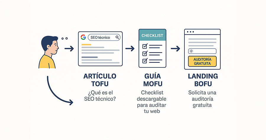 Flujo del embudo TOFU, MOFU y BOFU en una estrategia de contenidos SEO, desde una búsqueda informativa hasta la conversión final